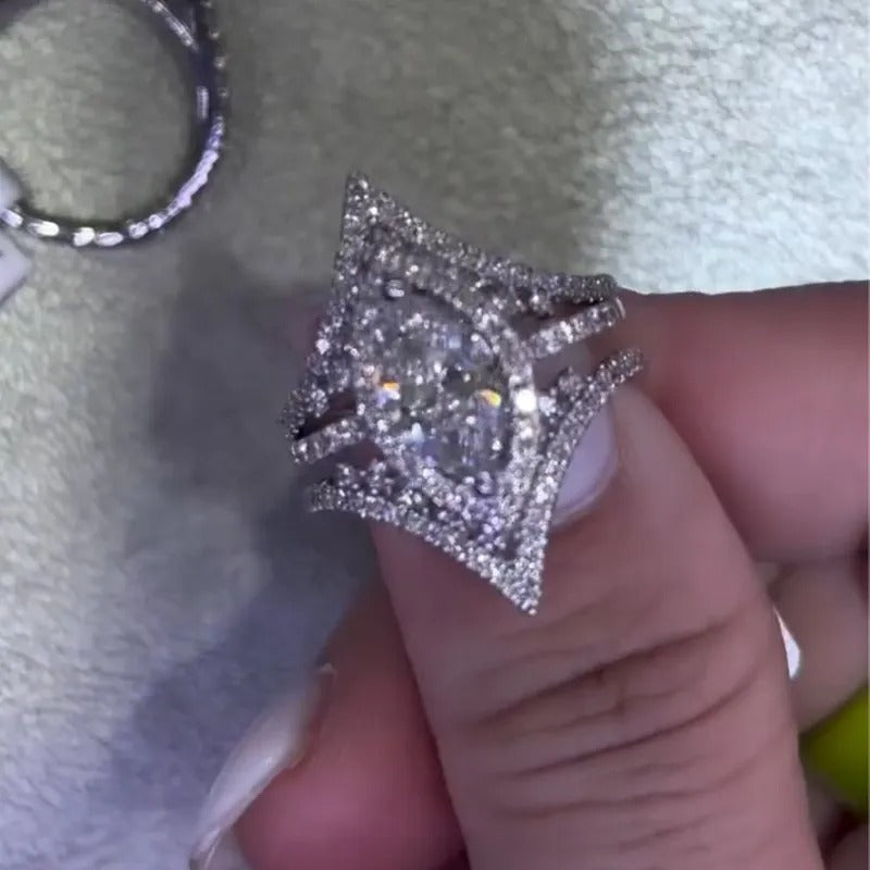 3.0Ct Halo Marquise Cut Insert Wedding Ring Set With Luxe Engagement Ring Enhancer