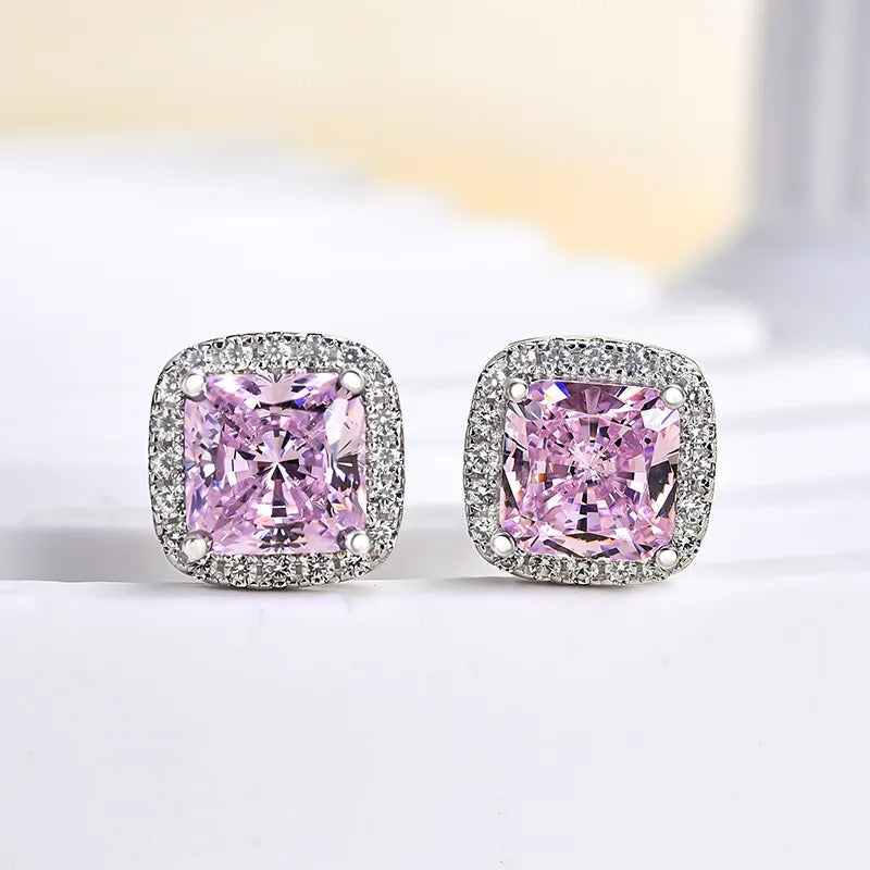 2.0 Carat Halo Square Princess Cut Pink Sapphire Sterling Silver Women's Stud Earrings