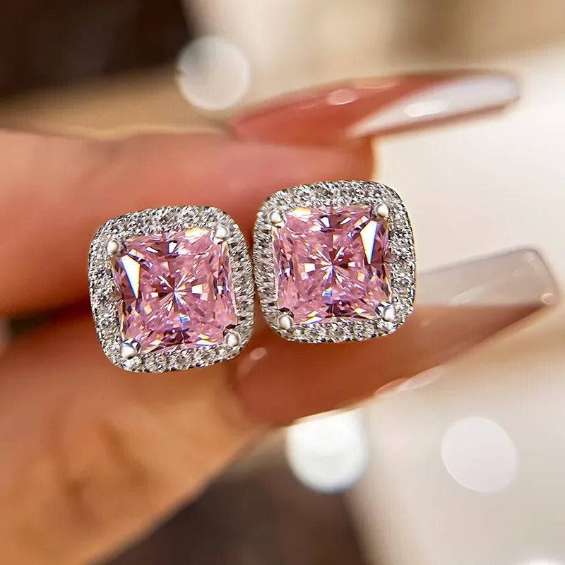 2.0 Carat Halo Square Princess Cut Pink Sapphire Sterling Silver Women's Stud Earrings