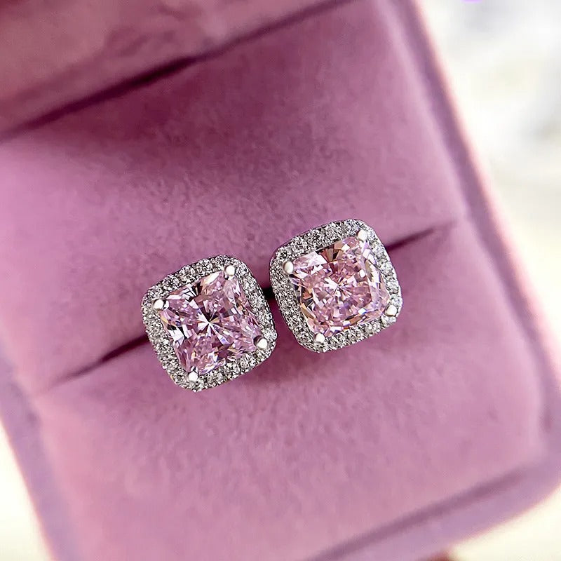 2.0 Carat Halo Square Princess Cut Pink Sapphire Sterling Silver Women's Stud Earrings