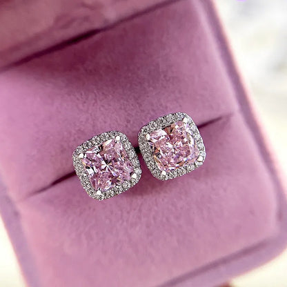 2.0 Carat Halo Square Princess Cut Pink Sapphire Sterling Silver Women's Stud Earrings