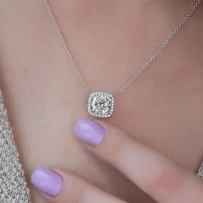 Elegant Halo Cushion Cut Pendant Necklace