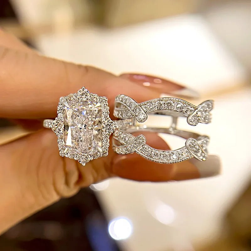 Vintage 3.5 Carat Halo Radiant Cut Insert Wedding Ring Set Travel Ring For Women In Sterling Silver