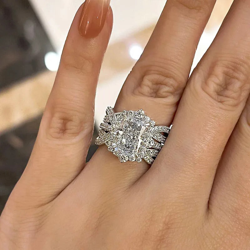 Vintage 3.5 Carat Halo Radiant Cut Insert Wedding Ring Set Travel Ring For Women In Sterling Silver