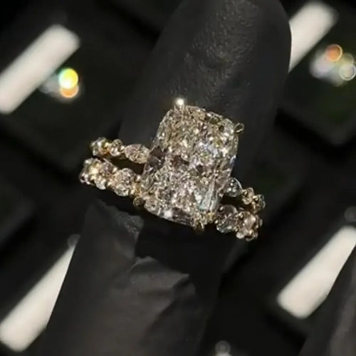 5.0Ct Cushion Cut Engagement Ring With Classic Wedding Band