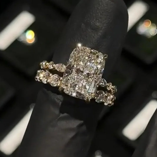 5.0Ct Cushion Cut Engagement Ring With Classic Wedding Band