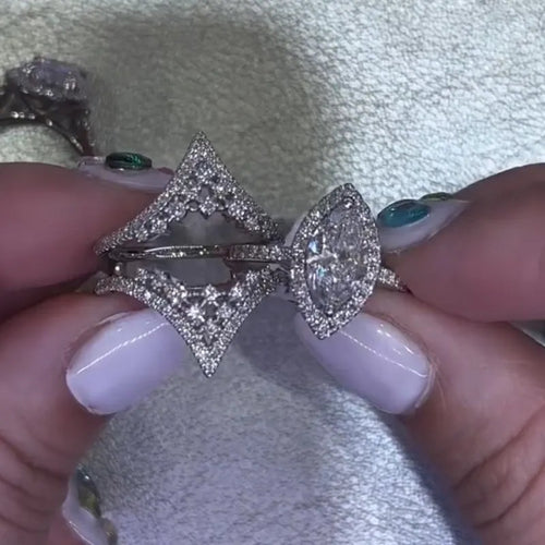 3.0Ct Halo Marquise Cut Insert Wedding Ring Set With Luxe Engagement Ring Enhancer