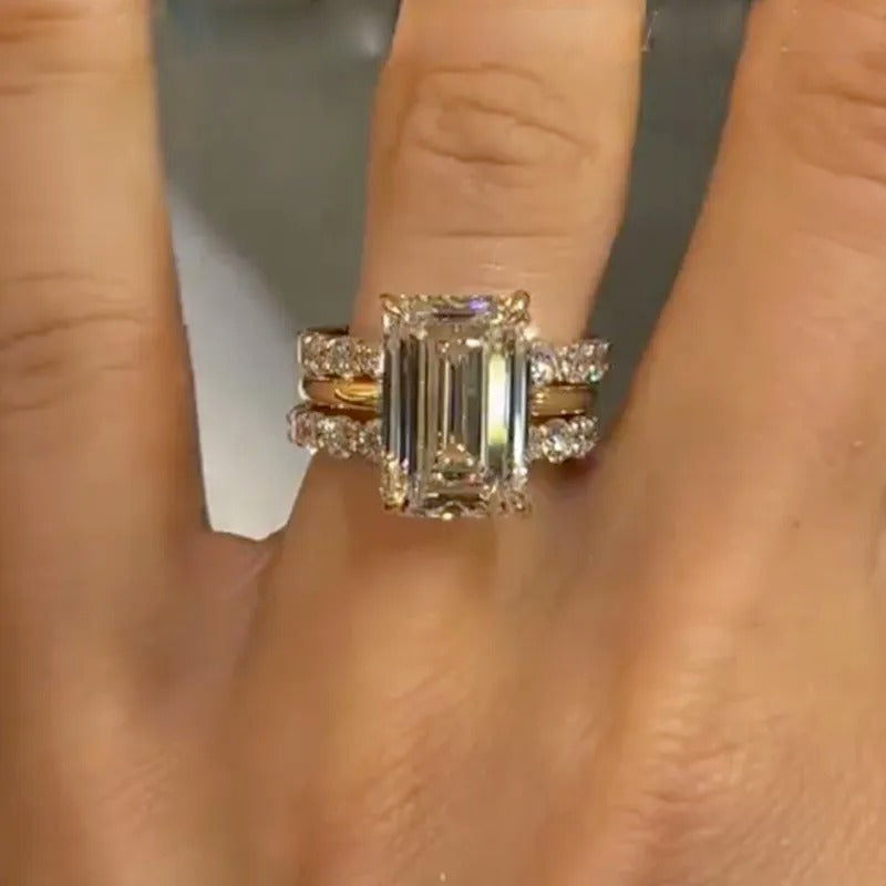 3PC 5.0Ct Emerald Cut Wedding Ring Set With Two Open Wedding Bands