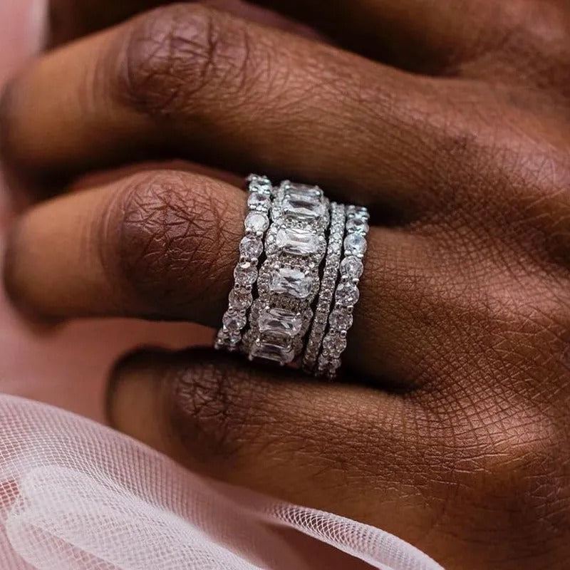 Luxurious Cushion Cut 4PC Wedding Band Set For Women In Sterling Silver