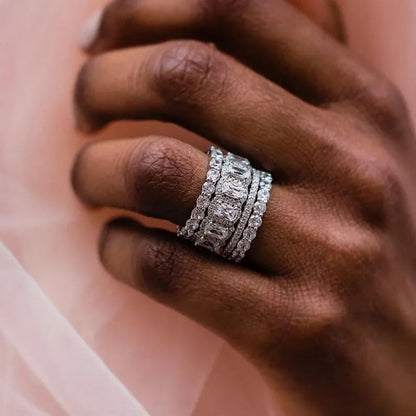 Luxurious Cushion Cut 4PC Wedding Band Set For Women In Sterling Silver